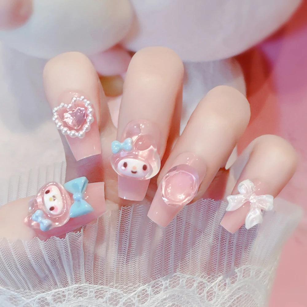 24Pcs 3D Hello Kitty Pearl Bow False Nails Medium Coffin Pink French Fake Nail Patches Y2k Cartoon Wearable Women Press On Nails
