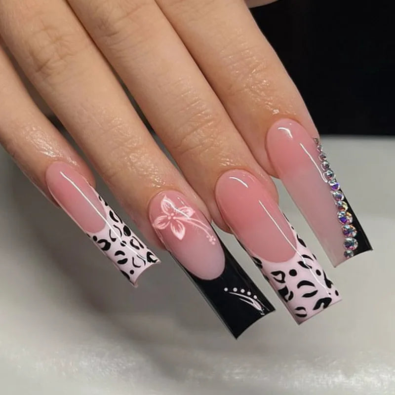 24Pcs Long Square Press on Nails Leopard Print French 3D Cherry Design False Nail Rhinestone Wearable Full Cover Fake Nails Tips