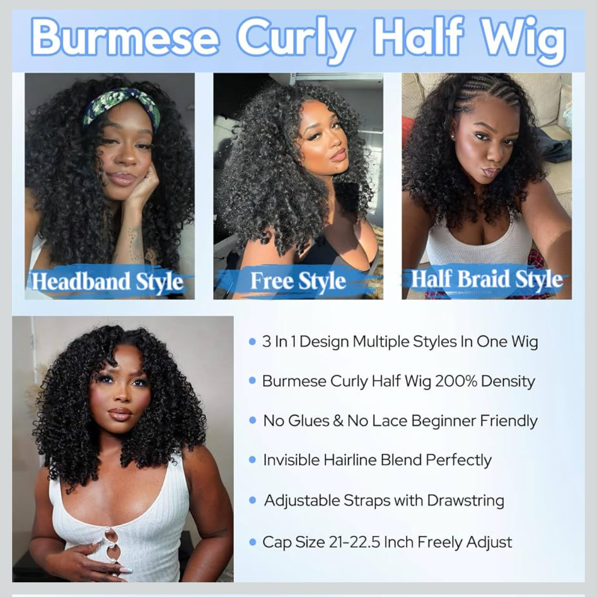 🔥 Burmese curl Half Wig Human Hair | Drawstring | No Glue | Invisible Hairline | Beginner Friendly