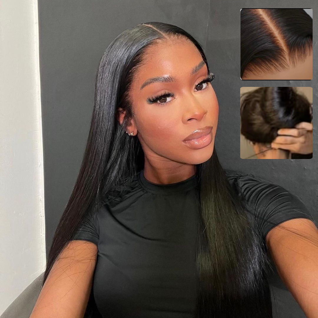 Straight HD Lace Front Wig Human Hair 180% Density 13x4 HD Lace Pre-Plucked Hair Natural Black Ready to wear