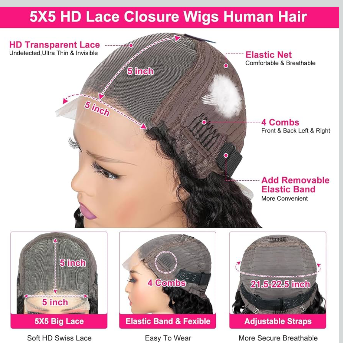 🔥 Deep Wave HD Glueless Wig 5x5 Lace Closure Human Hair | 150% Density | Pre-Plucked | Natural Black