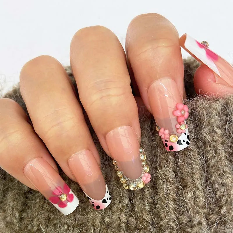 American Cross-Border Sweet Cool Pink French Nail Tips 3D Carved European Square Point Stiletto ABS Press-On Wearable False