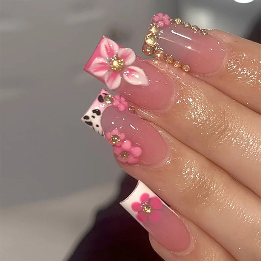 American Cross-Border Sweet Cool Pink French Nail Tips 3D Carved European Square Point Stiletto ABS Press-On Wearable False
