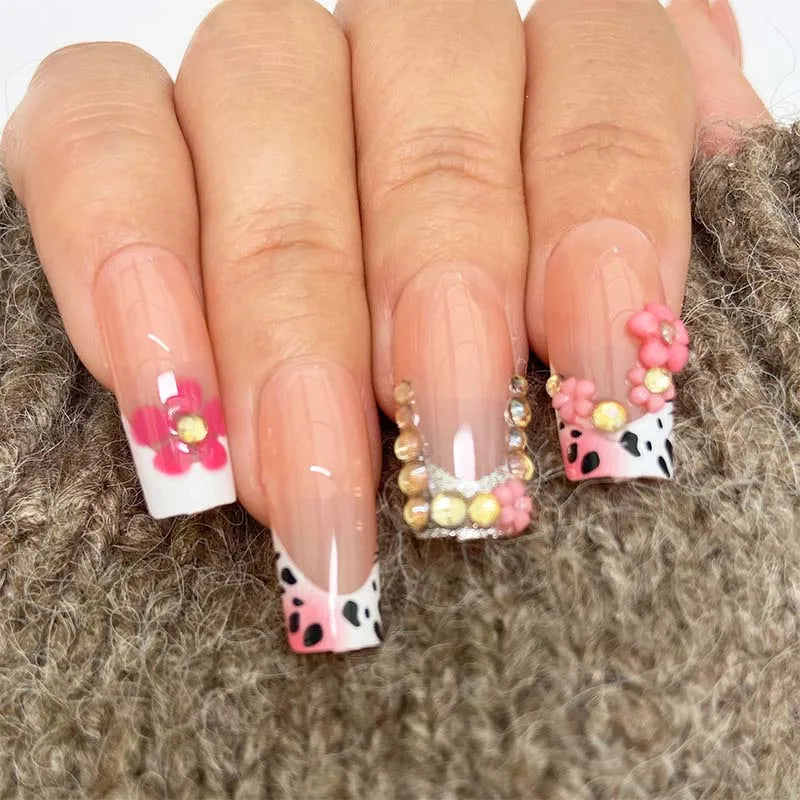 American Cross-Border Sweet Cool Pink French Nail Tips 3D Carved European Square Point Stiletto ABS Press-On Wearable False
