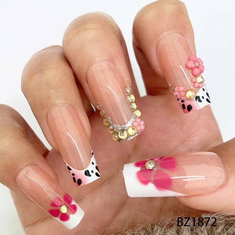 American Cross-Border Sweet Cool Pink French Nail Tips 3D Carved European Square Point Stiletto ABS Press-On Wearable False