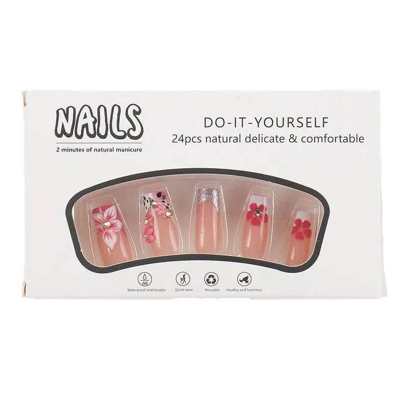 American Cross-Border Sweet Cool Pink French Nail Tips 3D Carved European Square Point Stiletto ABS Press-On Wearable False