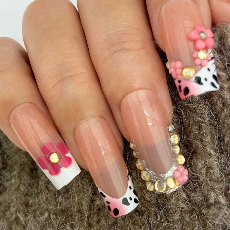 American Cross-Border Sweet Cool Pink French Nail Tips 3D Carved European Square Point Stiletto ABS Press-On Wearable False
