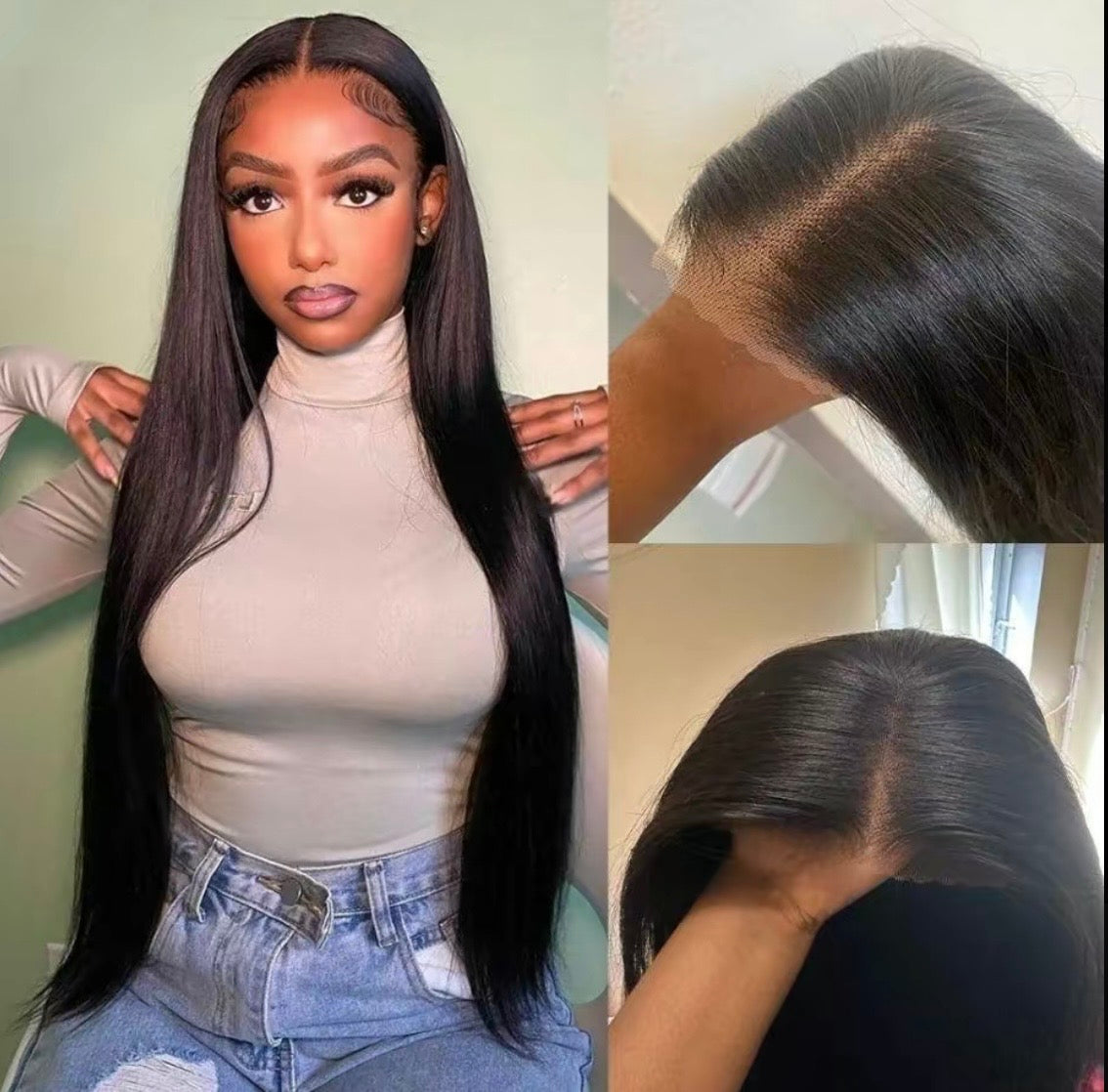 Straight HD Lace Front Wig Human Hair 180% Density 13x4 HD Lace Pre-Plucked Hair Natural Black Ready to wear