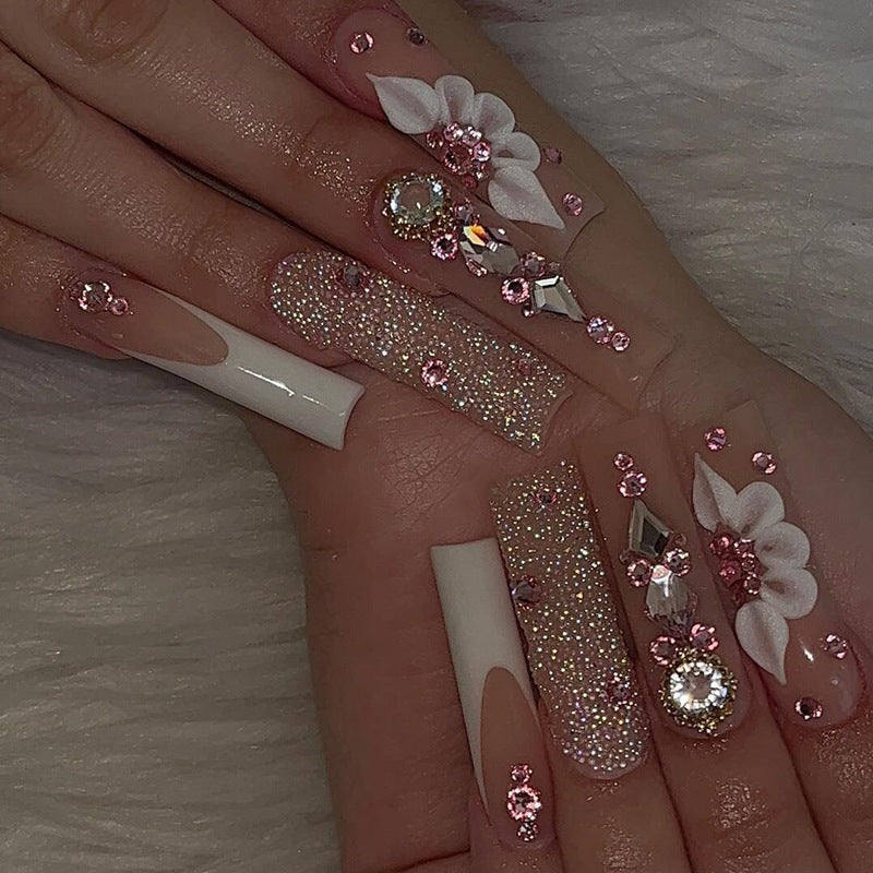 24Pcs Long French Fake Nails with Glue Ballet False Nails Butterfly Rhinestone Design Press on Nails Wearable Coffin Nail Tips