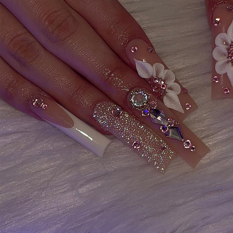 24Pcs Long French Fake Nails with Glue Ballet False Nails Butterfly Rhinestone Design Press on Nails Wearable Coffin Nail Tips