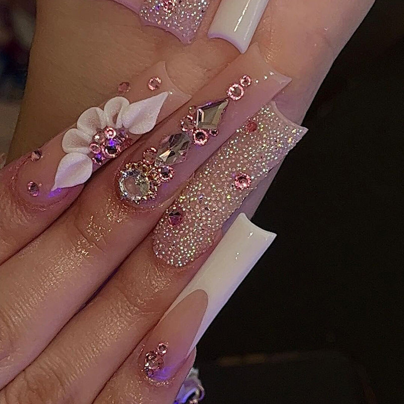 24Pcs Long French Fake Nails with Glue Ballet False Nails Butterfly Rhinestone Design Press on Nails Wearable Coffin Nail Tips