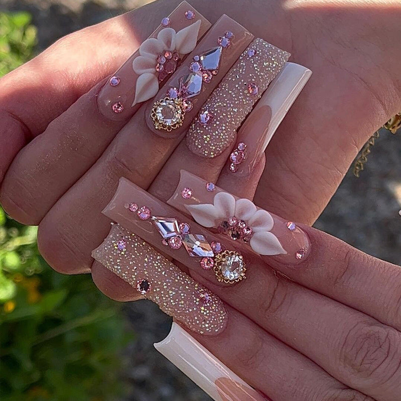 24Pcs Long French Fake Nails with Glue Ballet False Nails Butterfly Rhinestone Design Press on Nails Wearable Coffin Nail Tips