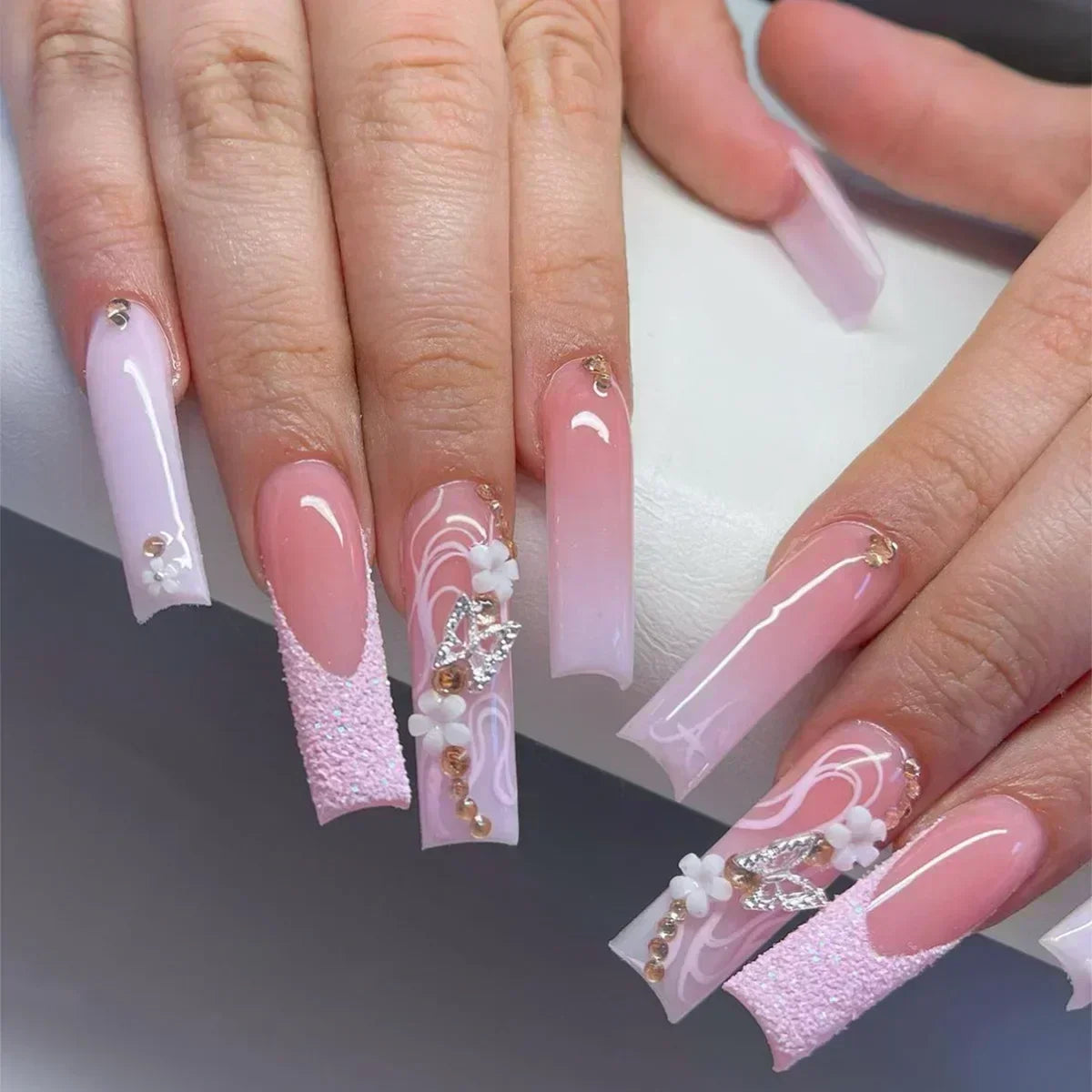 24Pcs Long French Fake Nails with Glue Ballet False Nails Butterfly Rhinestone Design Press on Nails Wearable Coffin Nail Tips