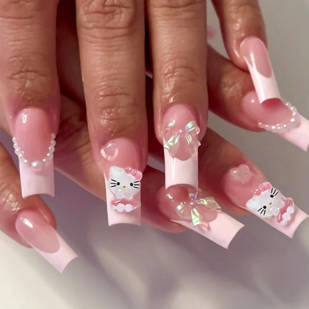 24Pcs 3D Hello Kitty Pearl Bow False Nails Medium Coffin Pink French Fake Nail Patches Y2k Cartoon Wearable Women Press On Nails