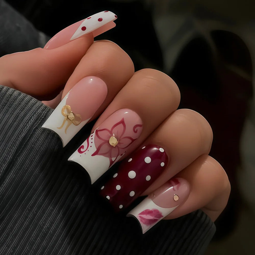 24pcs Sweet Cool French Style False Nails Wave Point Flower Designs Spicy Girl Press On Nails Medium Coffin European Fake Nail