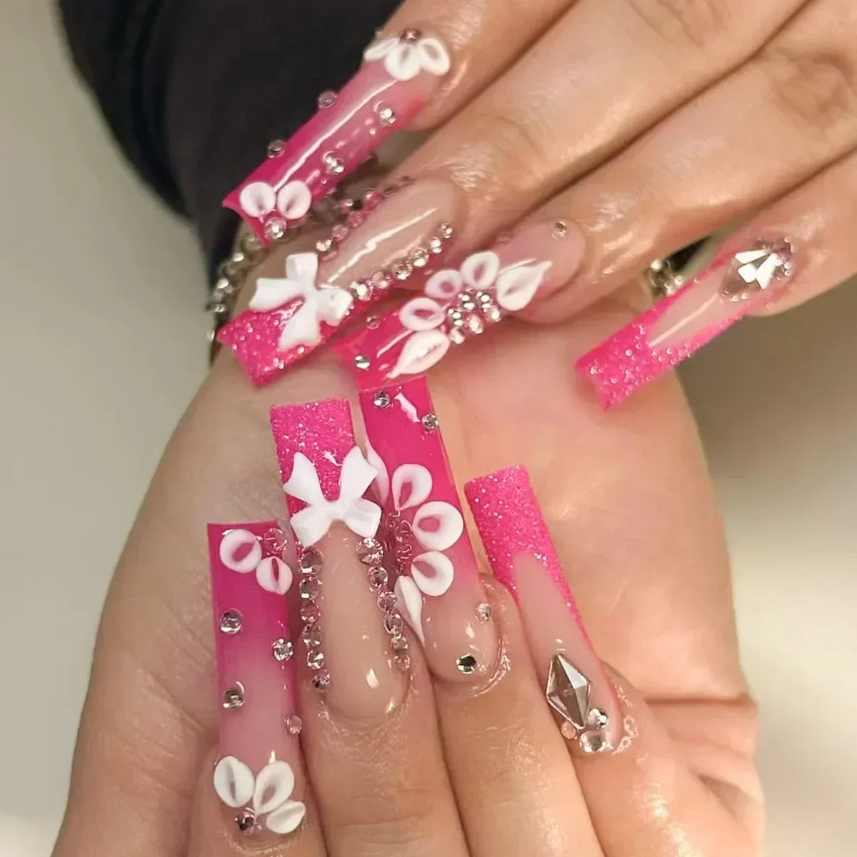 24Pcs Long French Fake Nails with Glue Ballet False Nails Butterfly Rhinestone Design Press on Nails Wearable Coffin Nail Tips