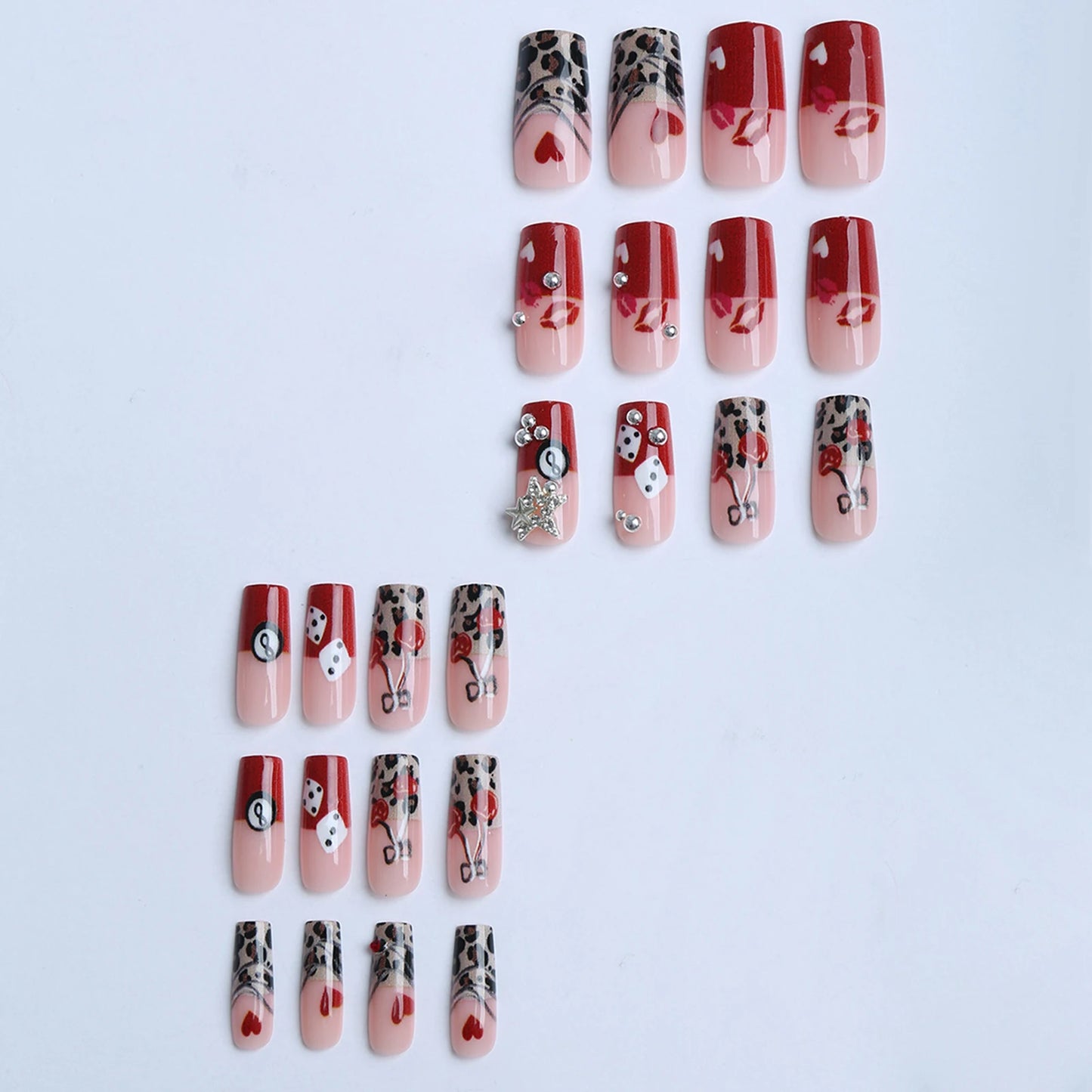 24PCS False Nails Leopard Printed Rhinestone French Artificial Nail Tips For Women Daily Wear Wearable False Nails Woman