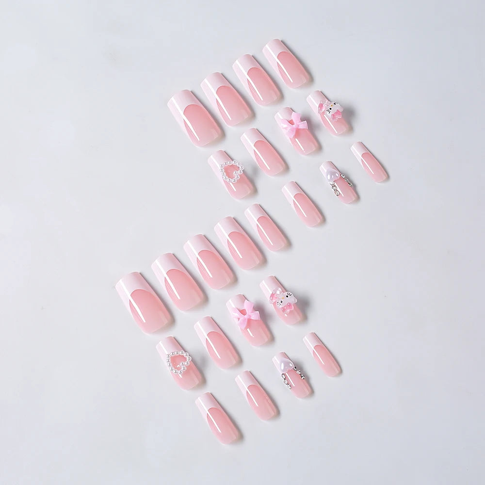 24Pcs 3D Hello Kitty Pearl Bow False Nails Medium Coffin Pink French Fake Nail Patches Y2k Cartoon Wearable Women Press On Nails