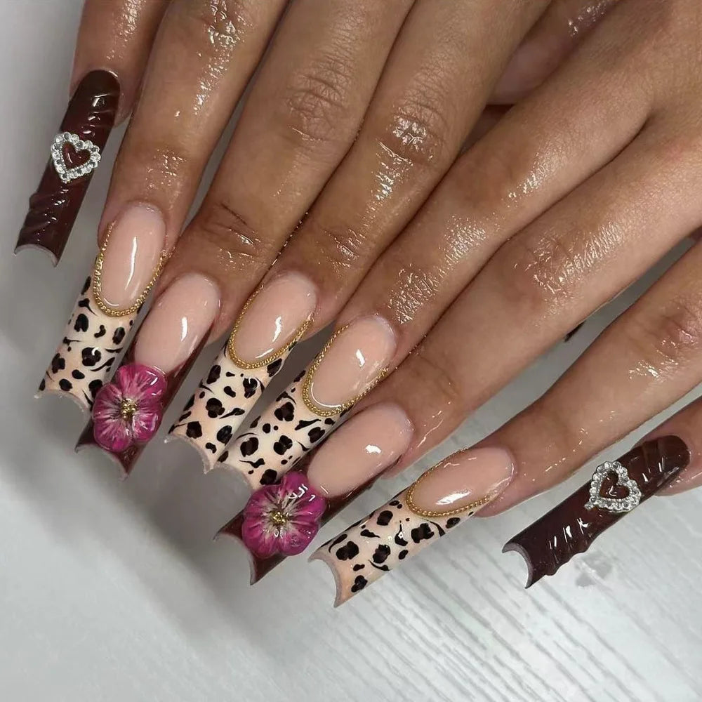 24Pcs Long French Fake Nails with Glue Ballet False Nails Butterfly Rhinestone Design Press on Nails Wearable Coffin Nail Tips