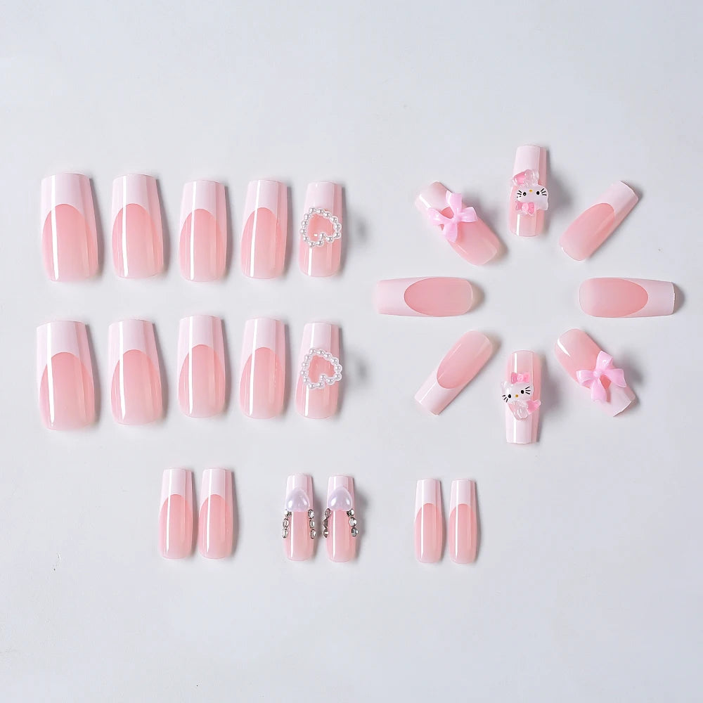24Pcs 3D Hello Kitty Pearl Bow False Nails Medium Coffin Pink French Fake Nail Patches Y2k Cartoon Wearable Women Press On Nails