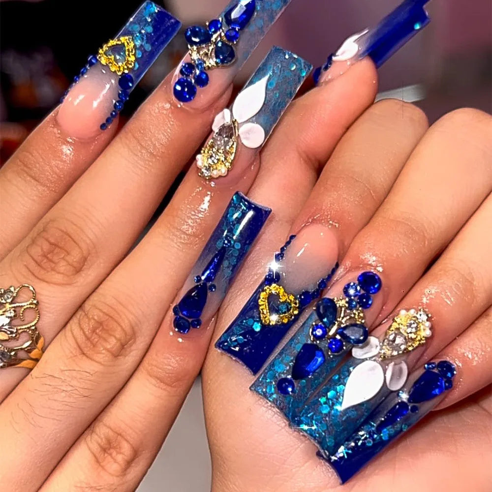 24Pcs Long French Fake Nails with Glue Ballet False Nails Butterfly Rhinestone Design Press on Nails Wearable Coffin Nail Tips