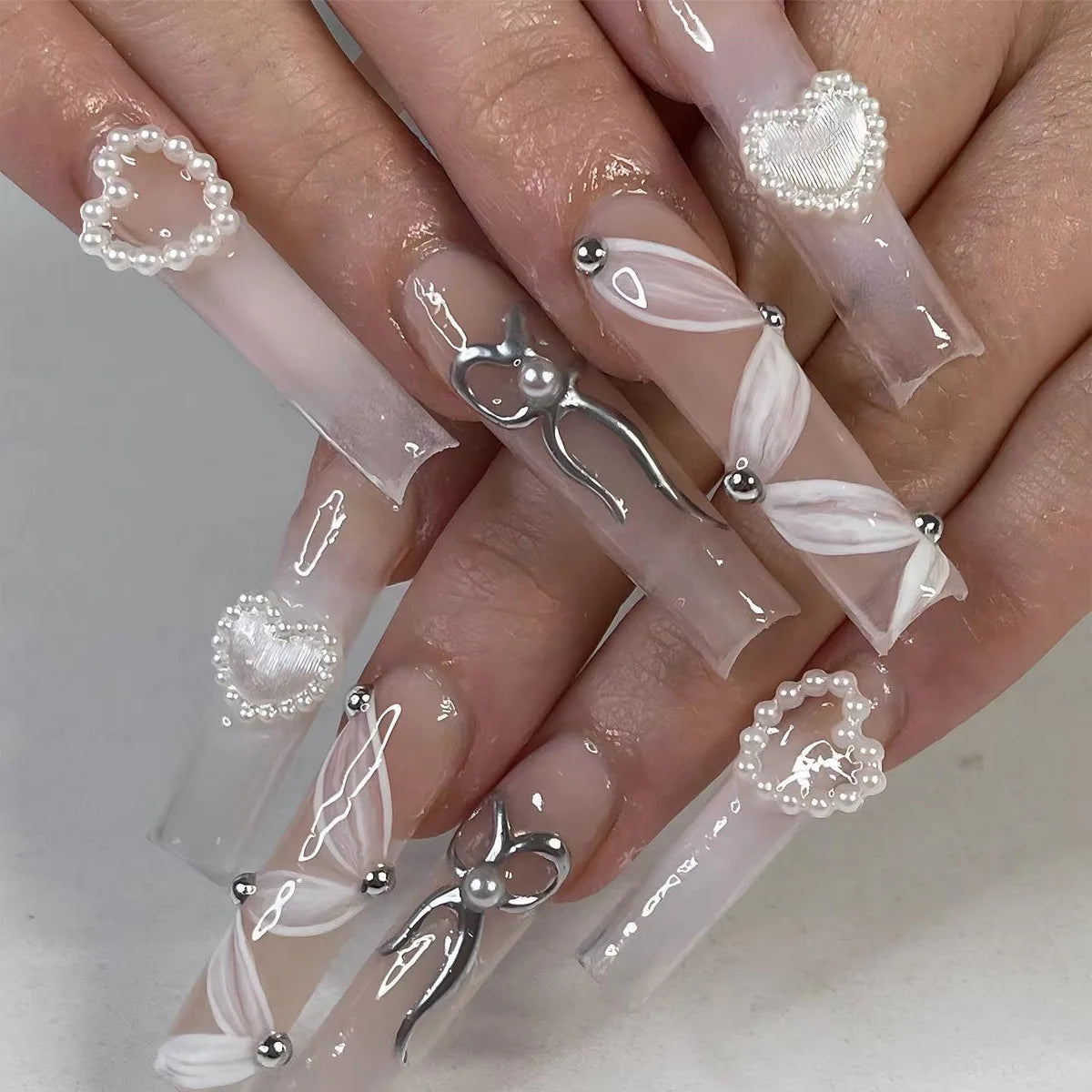 24Pcs Long French Fake Nails with Glue Ballet False Nails Butterfly Rhinestone Design Press on Nails Wearable Coffin Nail Tips