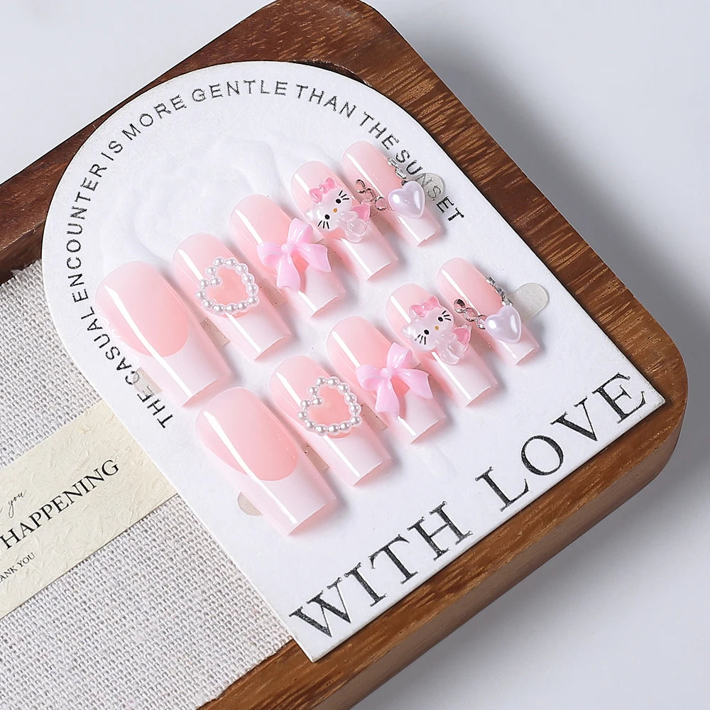 24Pcs 3D Hello Kitty Pearl Bow False Nails Medium Coffin Pink French Fake Nail Patches Y2k Cartoon Wearable Women Press On Nails