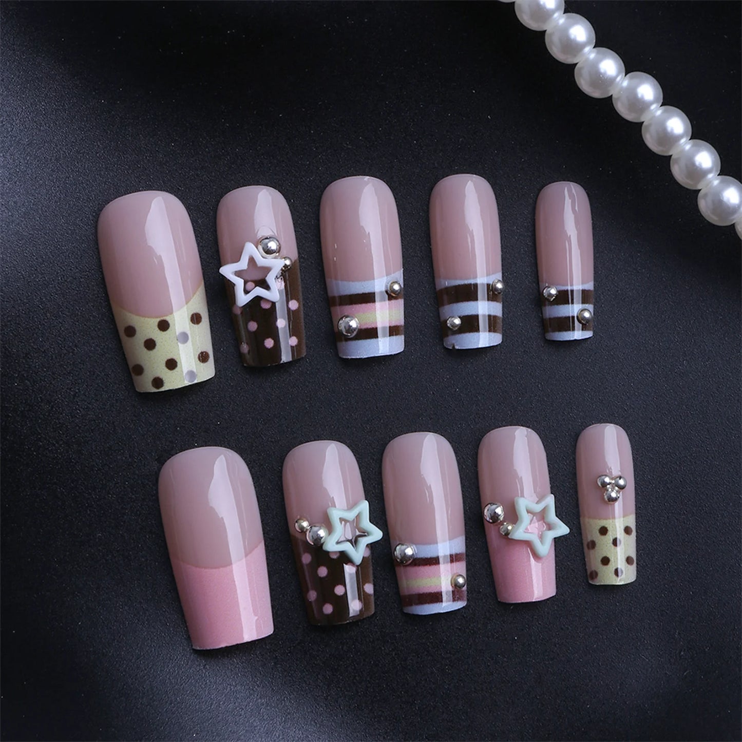 24pcs Y2K Sweet Stars Press On Nails Blue Brown Stripes French Style False Nails Wave Point Designs Autumn Vintage Fake Nail