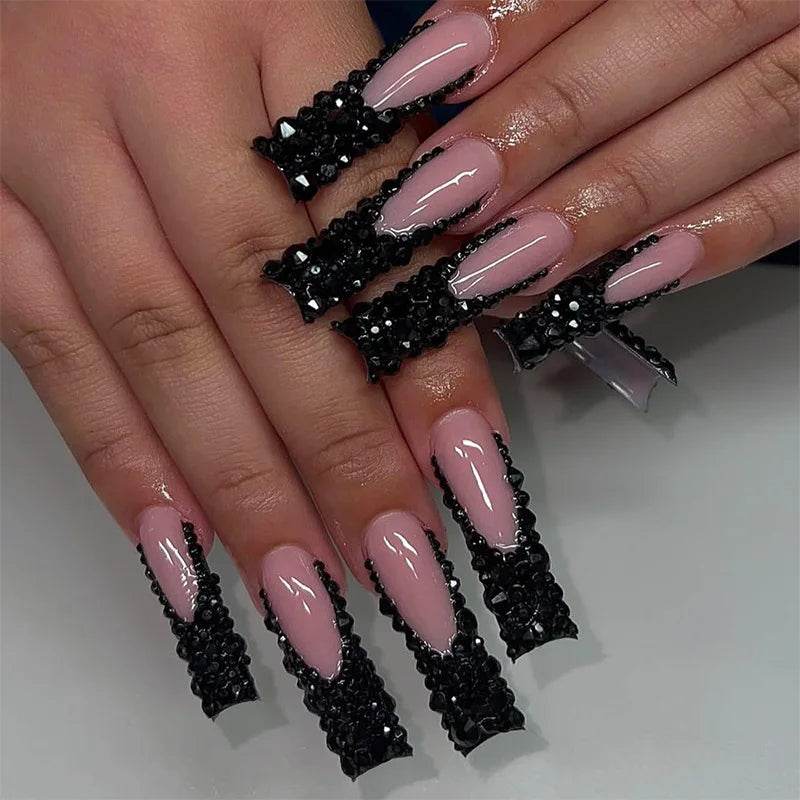 24Pcs Long French Fake Nails with Glue Ballet False Nails Butterfly Rhinestone Design Press on Nails Wearable Coffin Nail Tips