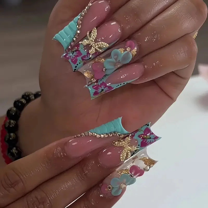 24Pcs Long French Fake Nails with Glue Ballet False Nails Butterfly Rhinestone Design Press on Nails Wearable Coffin Nail Tips