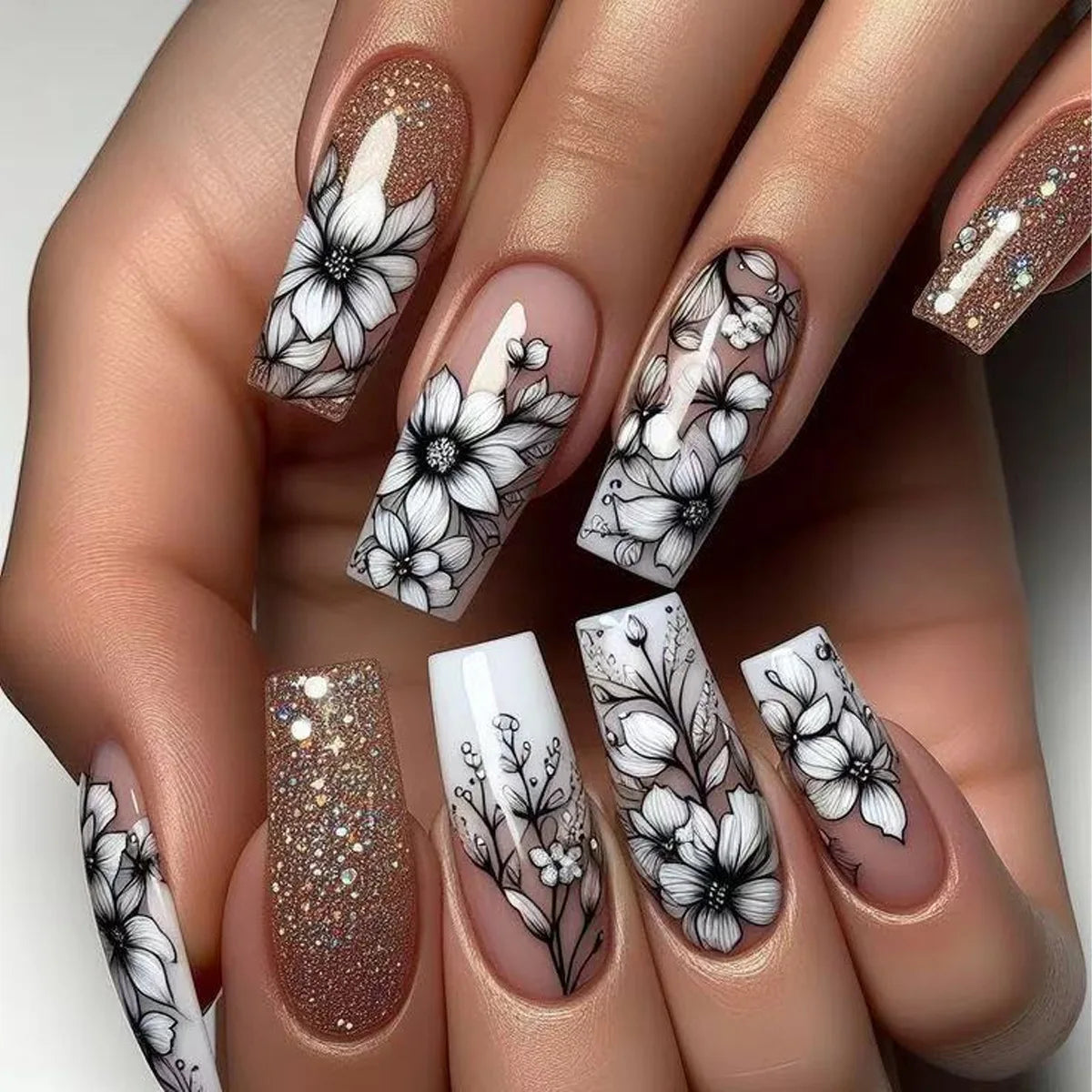 24Pcs Long French Fake Nails with Glue Ballet False Nails Butterfly Rhinestone Design Press on Nails Wearable Coffin Nail Tips