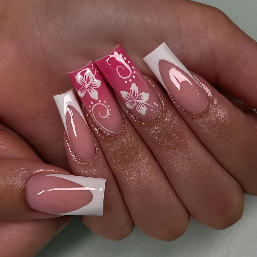 24Pcs Fairy White Flower Fake Nails Pink French Tip Press on Nails Short Square Wearable False Nail for Women Girls DIY Manicure