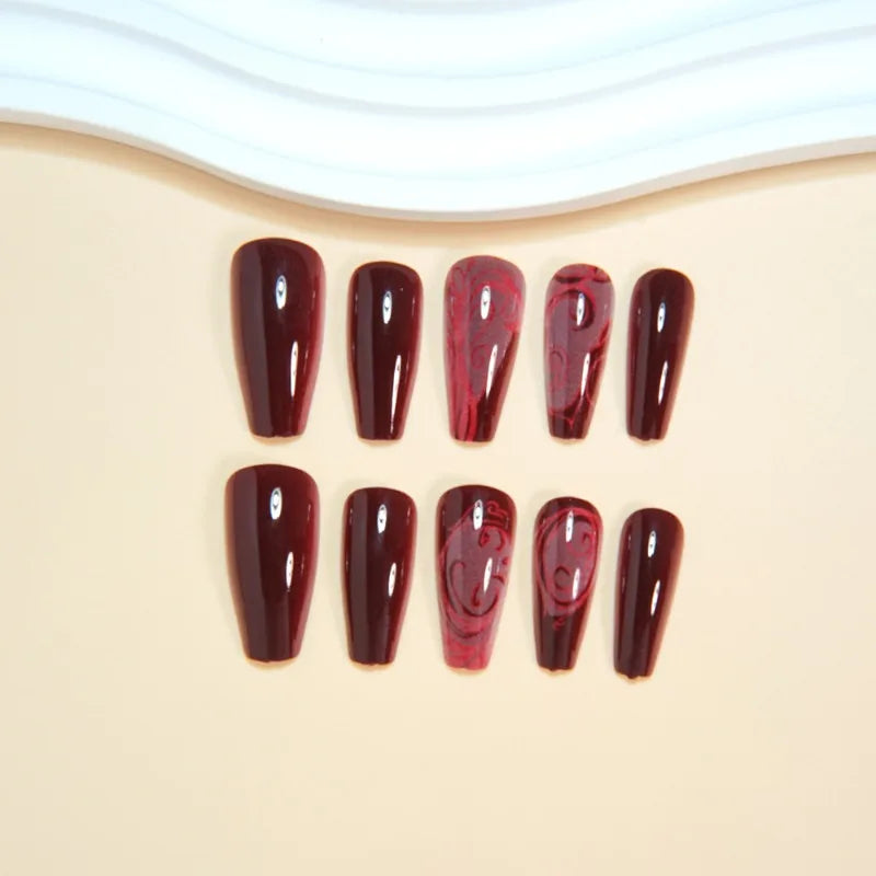 24PCS Gothic False Nails Dark Red Vine Pattern Medium Coffin Press on Nail Sticker Sweet Cool Glossy French Fake Nail Spice Girl
