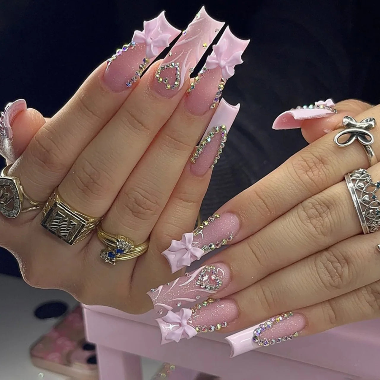 24Pcs Long French Fake Nails with Glue Ballet False Nails Butterfly Rhinestone Design Press on Nails Wearable Coffin Nail Tips