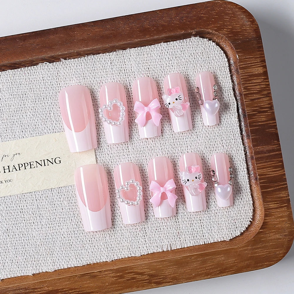 24Pcs 3D Hello Kitty Pearl Bow False Nails Medium Coffin Pink French Fake Nail Patches Y2k Cartoon Wearable Women Press On Nails