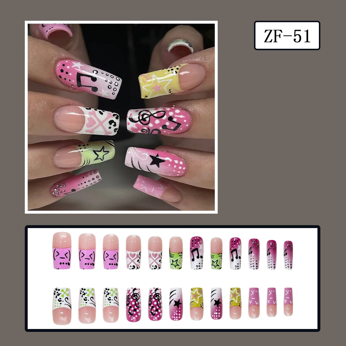 24pcs Y2K girl style Fake Nails Musical Note Star Pattern Long Coffin False Nails Wearable Spicy Girls Ballet Press on Nails