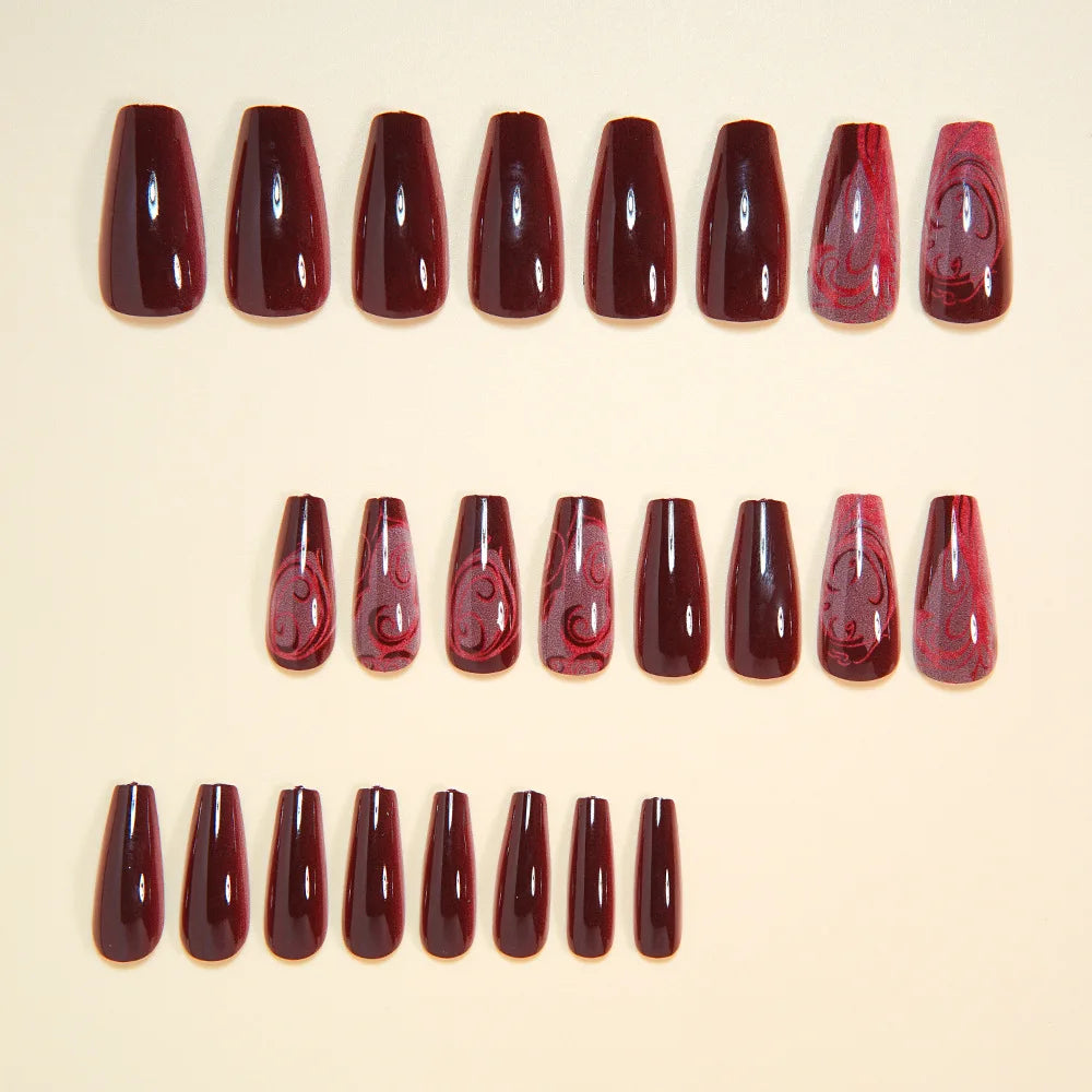 24PCS Gothic False Nails Dark Red Vine Pattern Medium Coffin Press on Nail Sticker Sweet Cool Glossy French Fake Nail Spice Girl