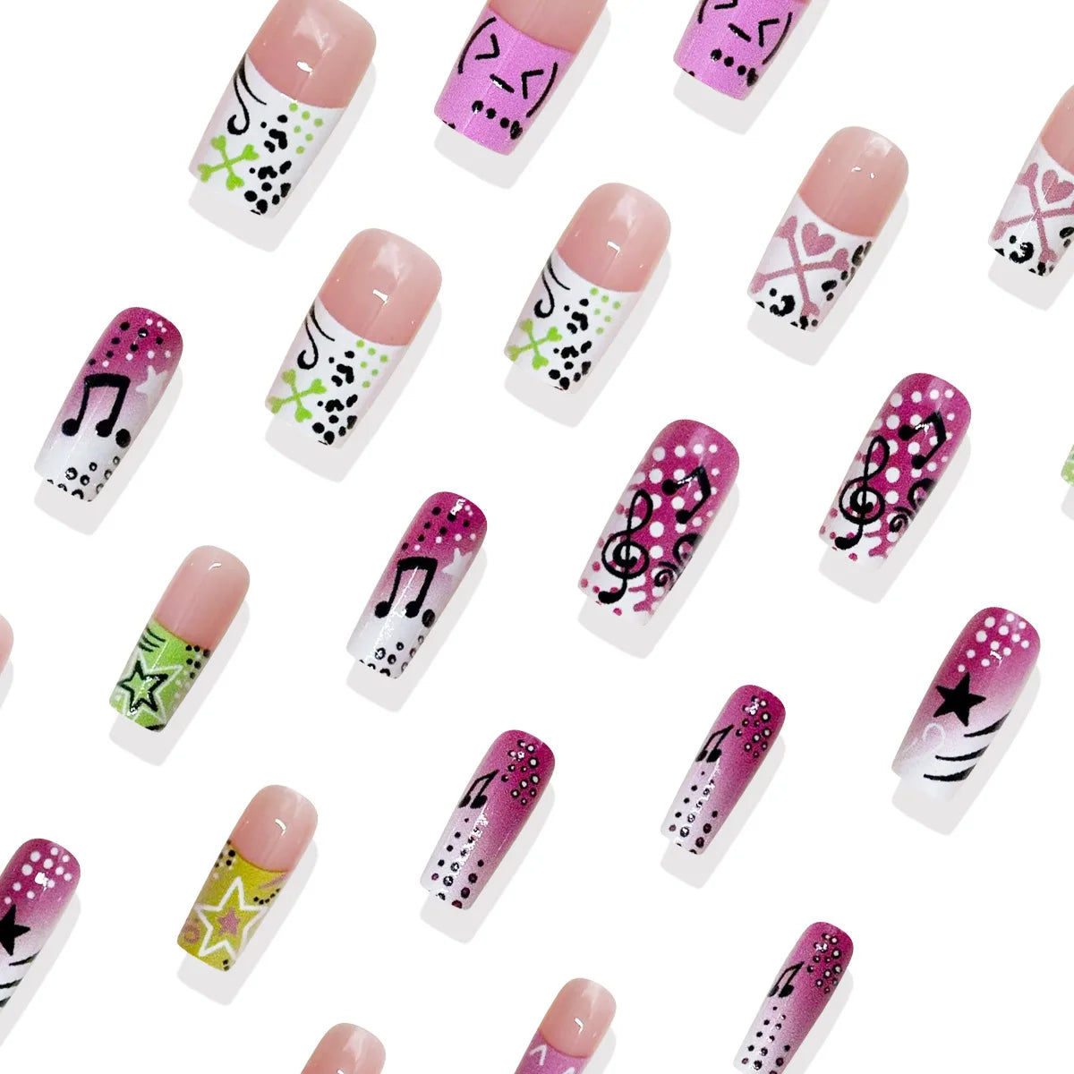 24pcs Y2K girl style Fake Nails Musical Note Star Pattern Long Coffin False Nails Wearable Spicy Girls Ballet Press on Nails