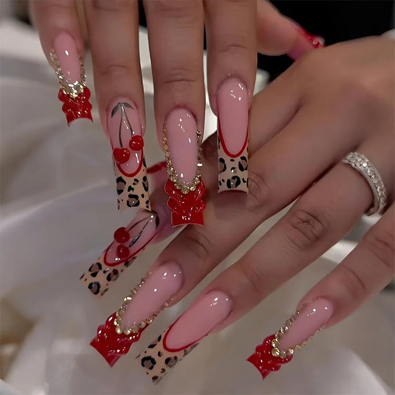 24Pcs Long Square Press on Nails Leopard Print French 3D Cherry Design False Nail Rhinestone Wearable Full Cover Fake Nails Tips