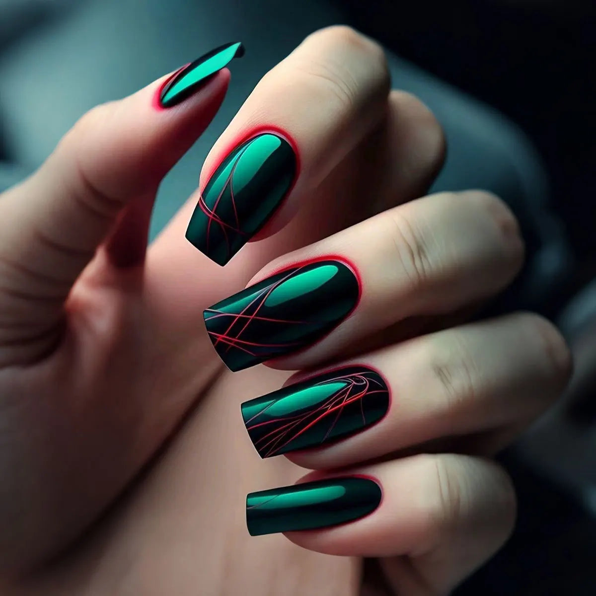 24PCS Gothic False Nails Dark Red Vine Pattern Medium Coffin Press on Nail Sticker Sweet Cool Glossy French Fake Nail Spice Girl