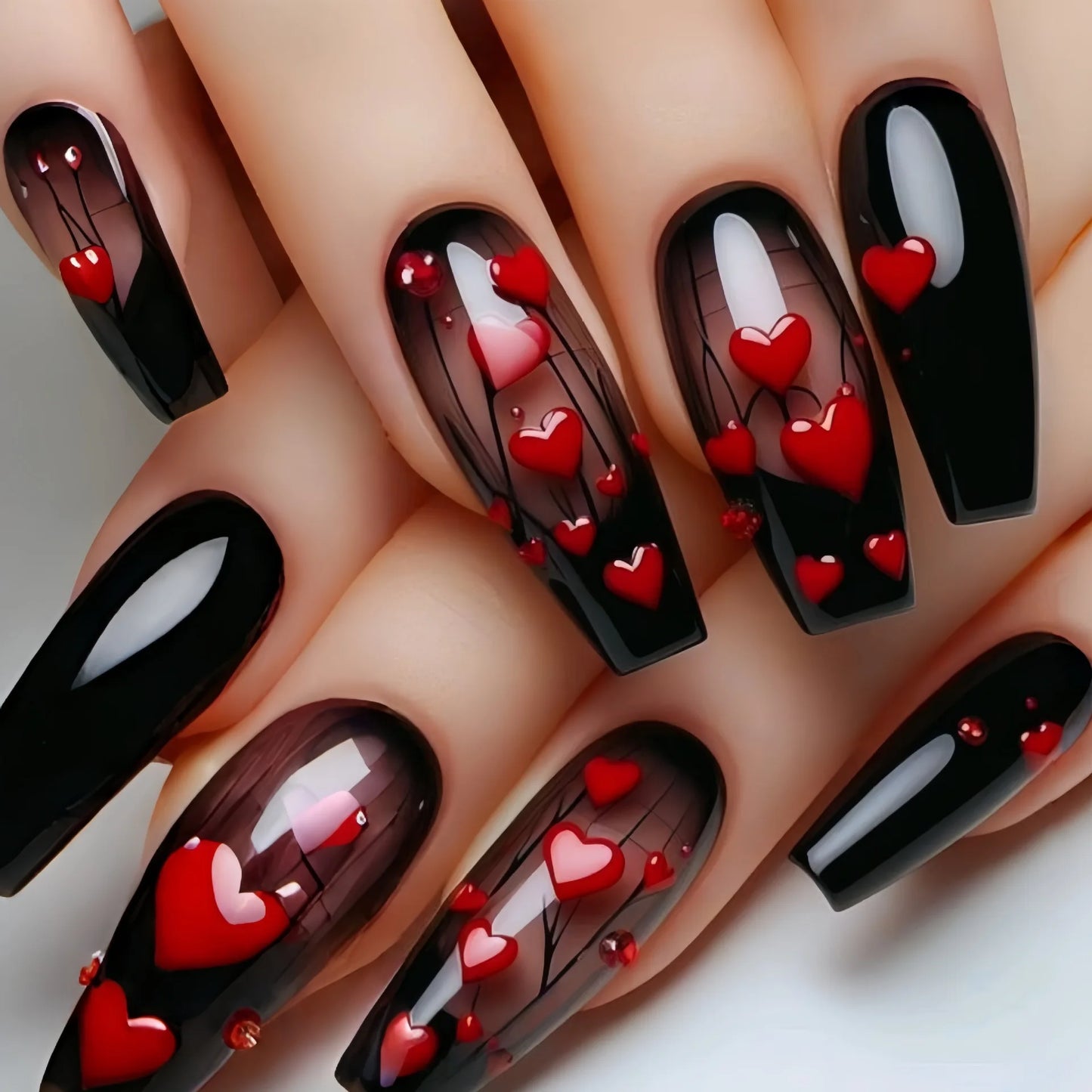 24PCS Gothic False Nails Dark Red Vine Pattern Medium Coffin Press on Nail Sticker Sweet Cool Glossy French Fake Nail Spice Girl