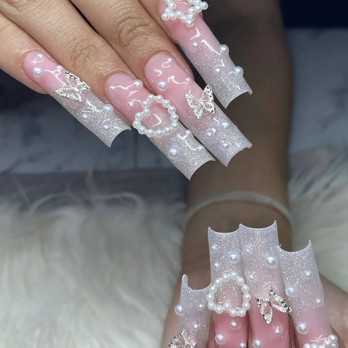 24Pcs Long French Fake Nails with Glue Ballet False Nails Butterfly Rhinestone Design Press on Nails Wearable Coffin Nail Tips