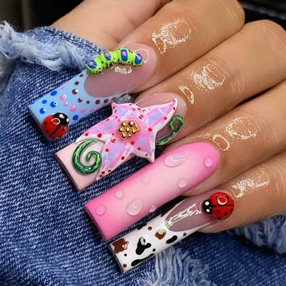24Pcs Long French Fake Nails with Glue Ballet False Nails Butterfly Rhinestone Design Press on Nails Wearable Coffin Nail Tips
