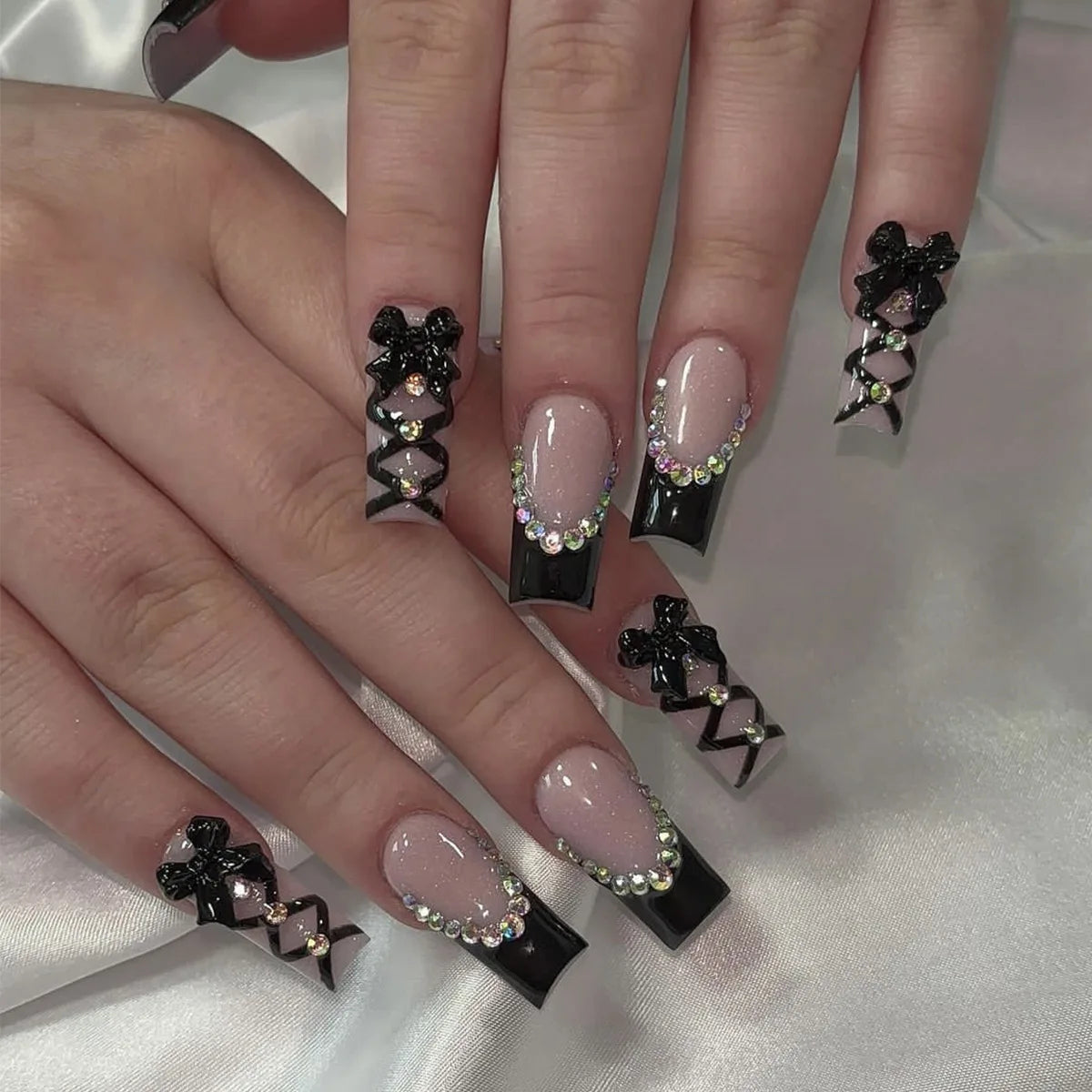 24Pcs Long French Fake Nails with Glue Ballet False Nails Butterfly Rhinestone Design Press on Nails Wearable Coffin Nail Tips
