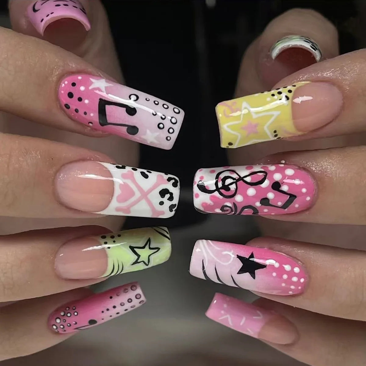 24pcs Y2K girl style Fake Nails Musical Note Star Pattern Long Coffin False Nails Wearable Spicy Girls Ballet Press on Nails