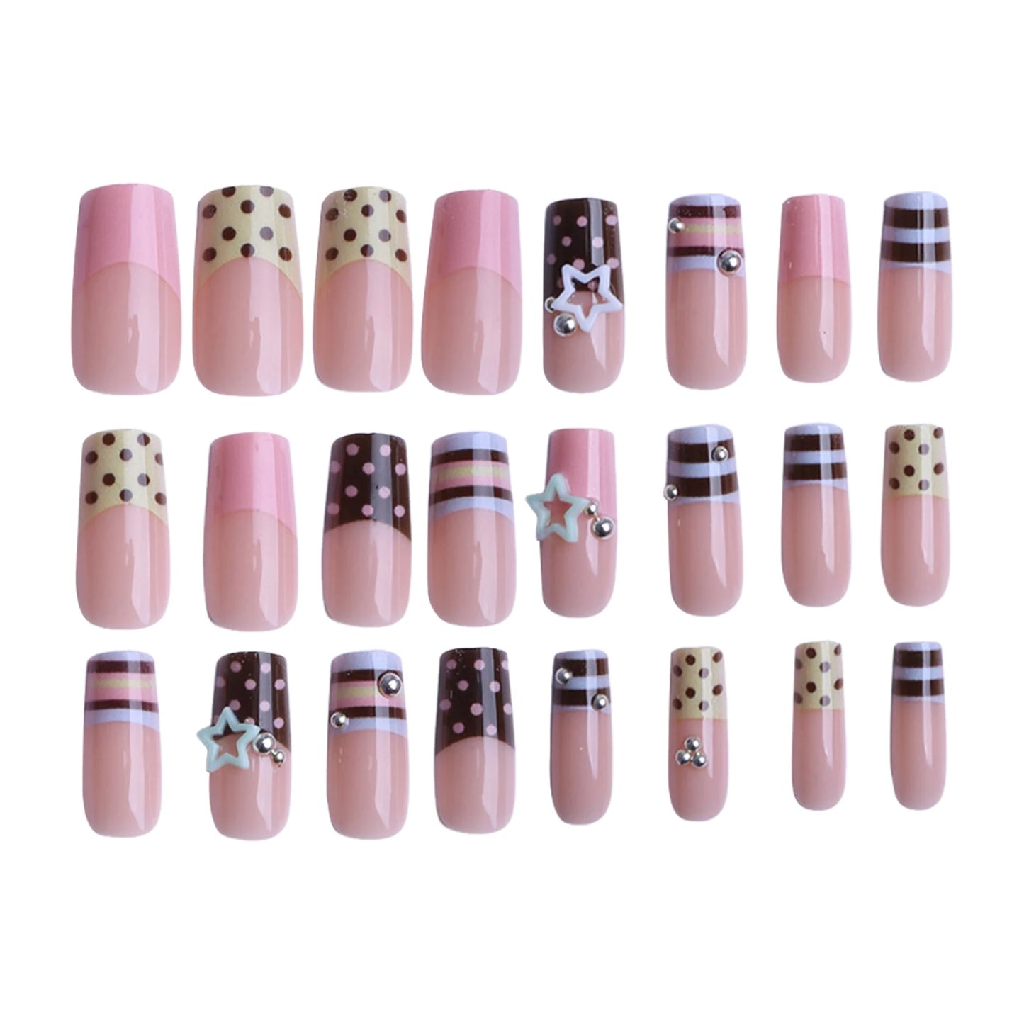 24pcs Y2K Sweet Stars Press On Nails Blue Brown Stripes French Style False Nails Wave Point Designs Autumn Vintage Fake Nail