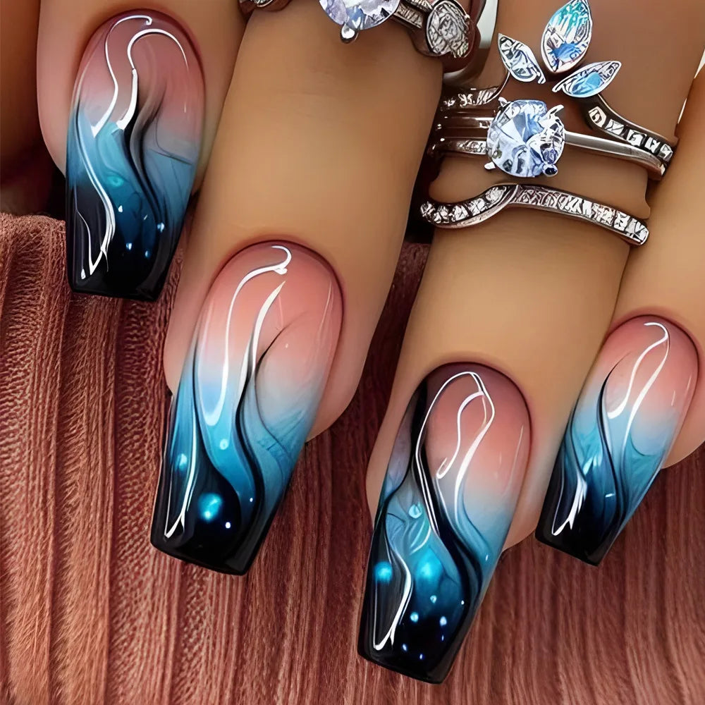24PCS Gothic False Nails Dark Red Vine Pattern Medium Coffin Press on Nail Sticker Sweet Cool Glossy French Fake Nail Spice Girl