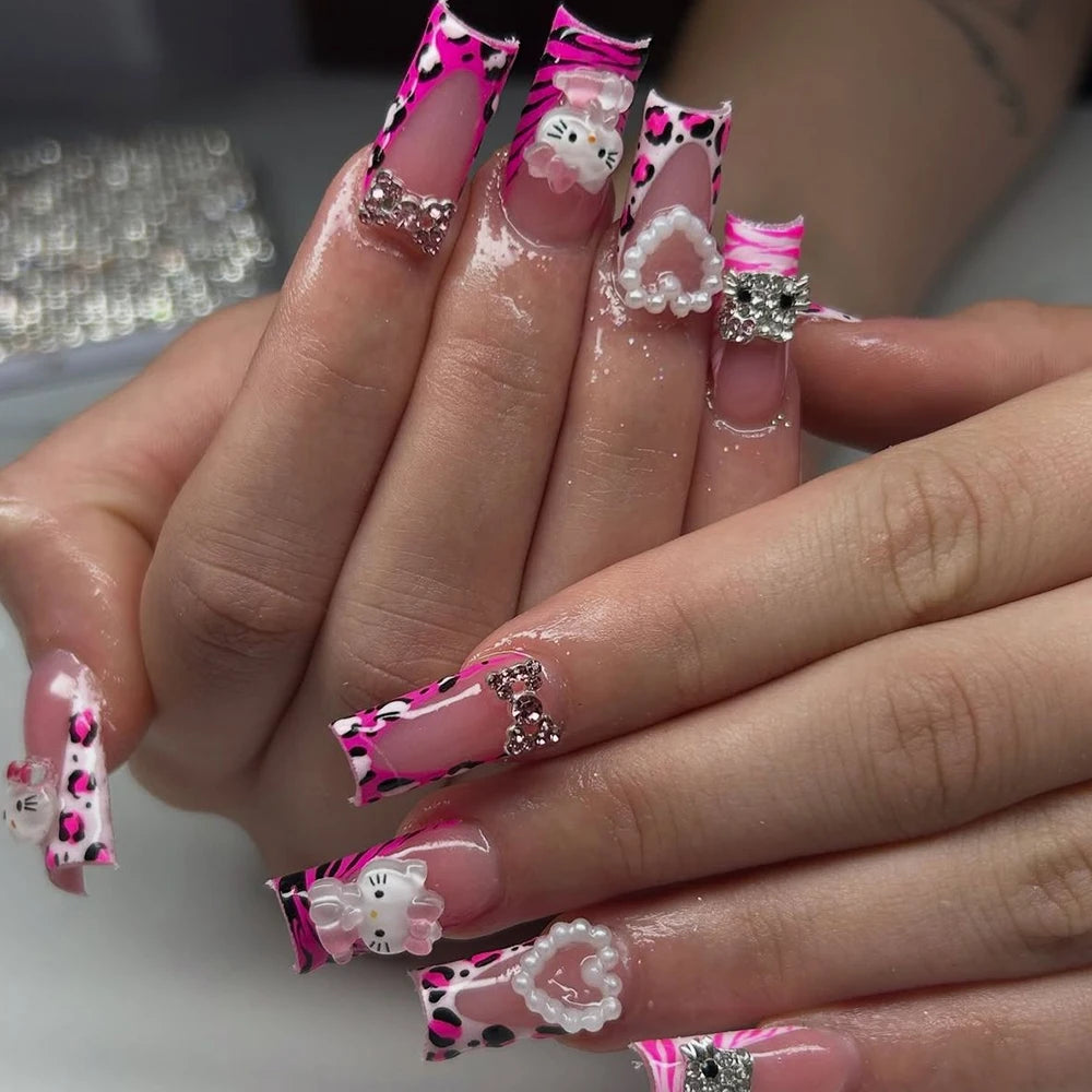 24Pcs 3D Hello Kitty Pearl Bow False Nails Medium Coffin Pink French Fake Nail Patches Y2k Cartoon Wearable Women Press On Nails