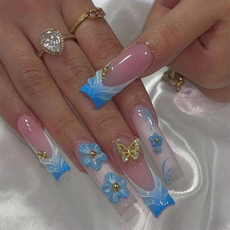 24Pcs Long French Fake Nails with Glue Ballet False Nails Butterfly Rhinestone Design Press on Nails Wearable Coffin Nail Tips
