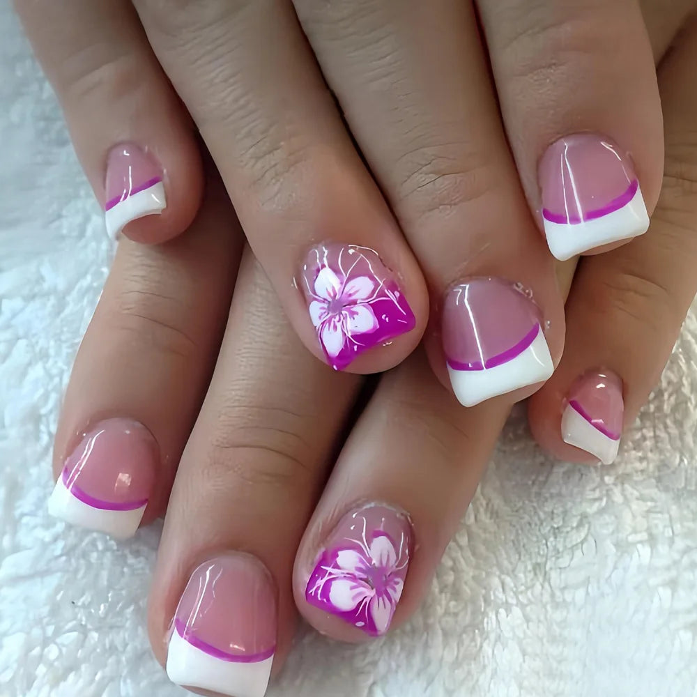 24Pcs Fairy White Flower Fake Nails Pink French Tip Press on Nails Short Square Wearable False Nail for Women Girls DIY Manicure